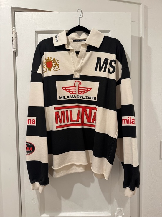 Milana Studios Tops - Milana Studios Washed Black Racing Academy Polo Heavyweight Open Hem Sweatshirt